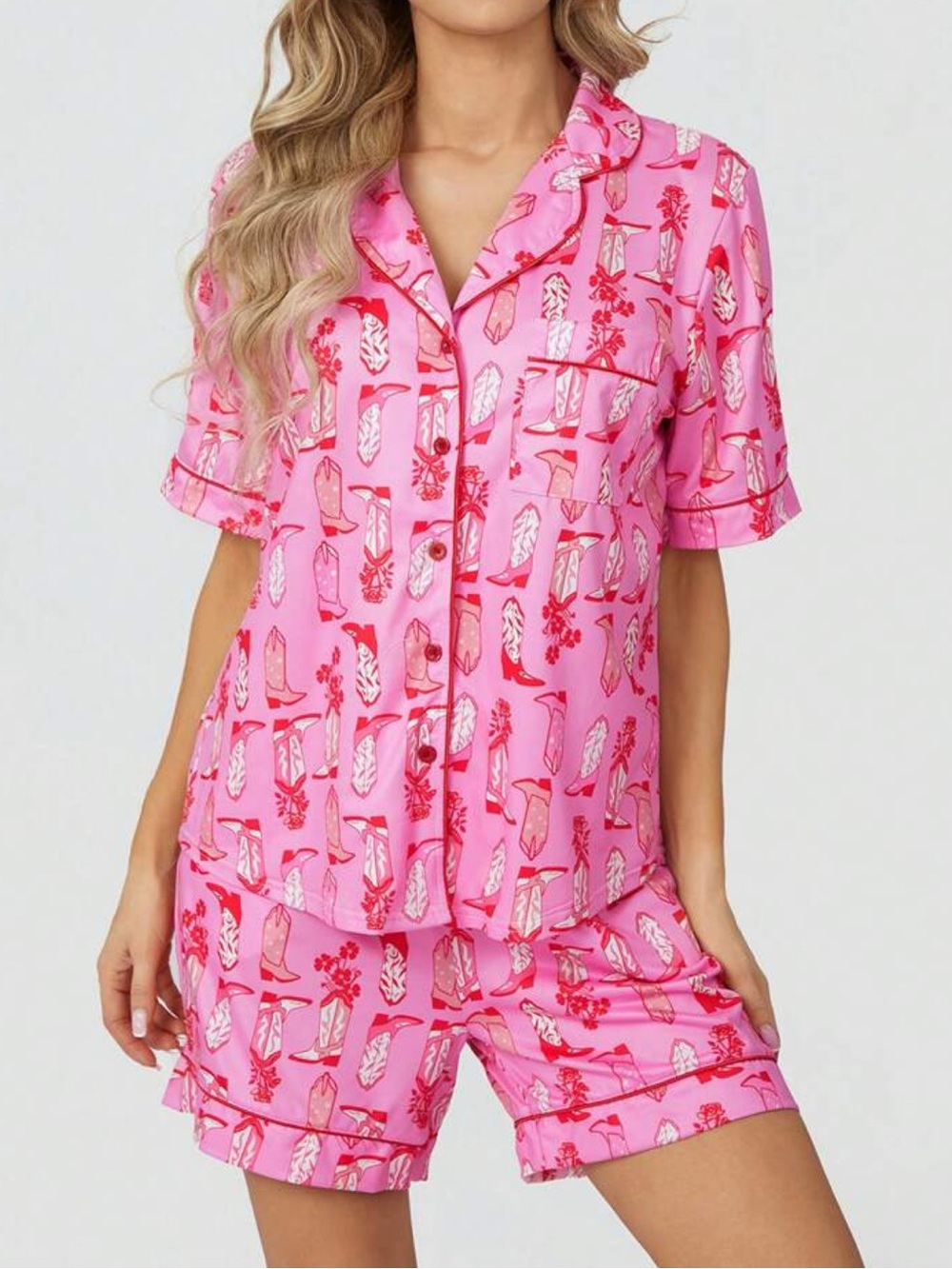 Pink Western All Over Boot Print Pajama Short Set Medium